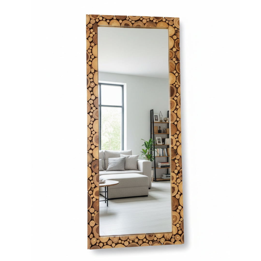 Adooch rustic teak wood full-length mirror leaning against a wall in a minimalist bedroom.