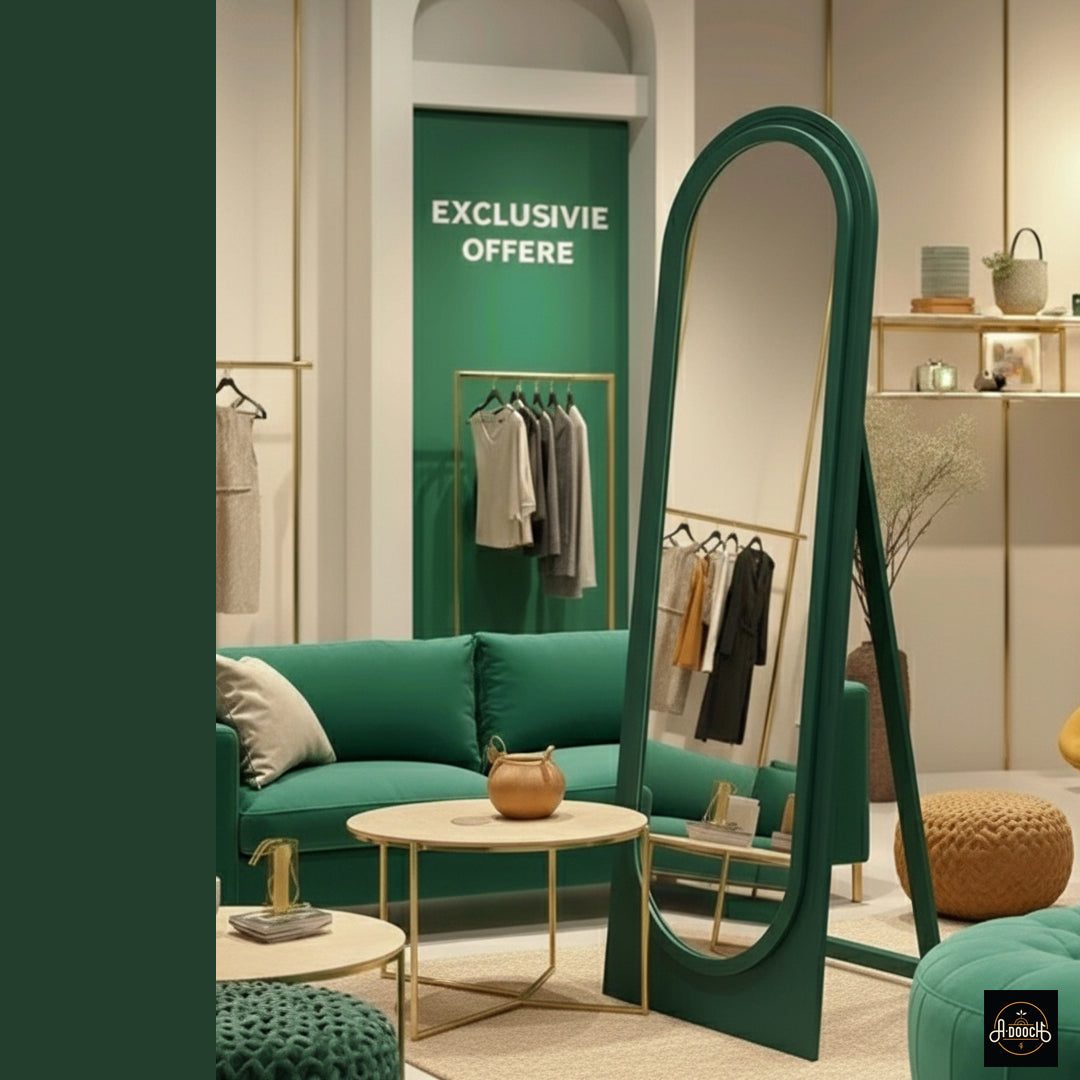 Close-up, slightly angled view of the emerald green full-length standing mirror in a boutique setting, showing reflection and room details