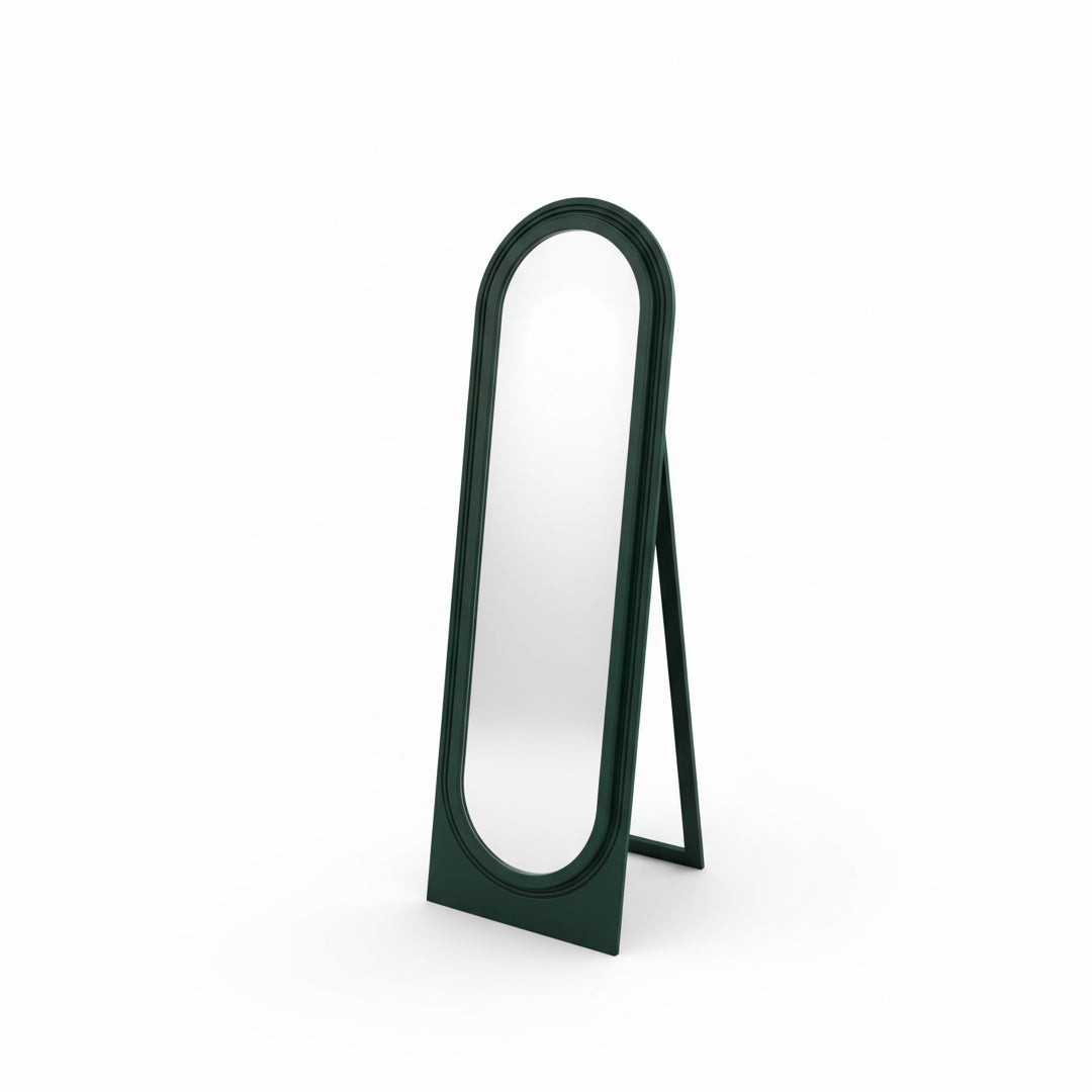 Front view of an emerald green full-length standing mirror against a clean white background