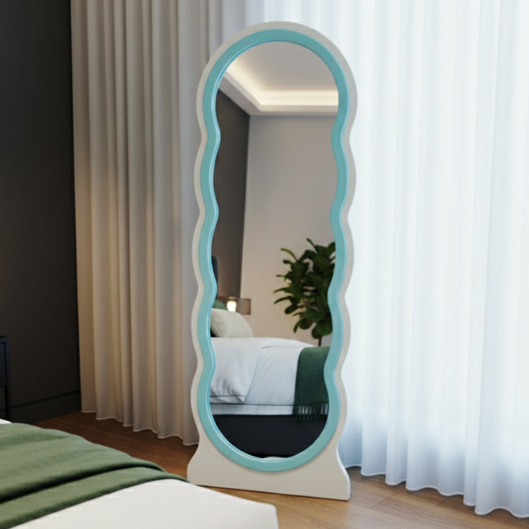 Adooch wavy full-length standing mirror with a white and light blue frame shown from the front
