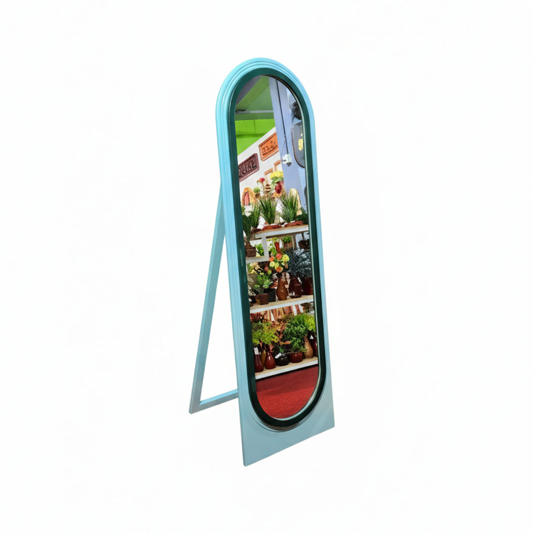 Adoocha's elegant, light blue freestanding capsule mirror shown from the front on a clean white background