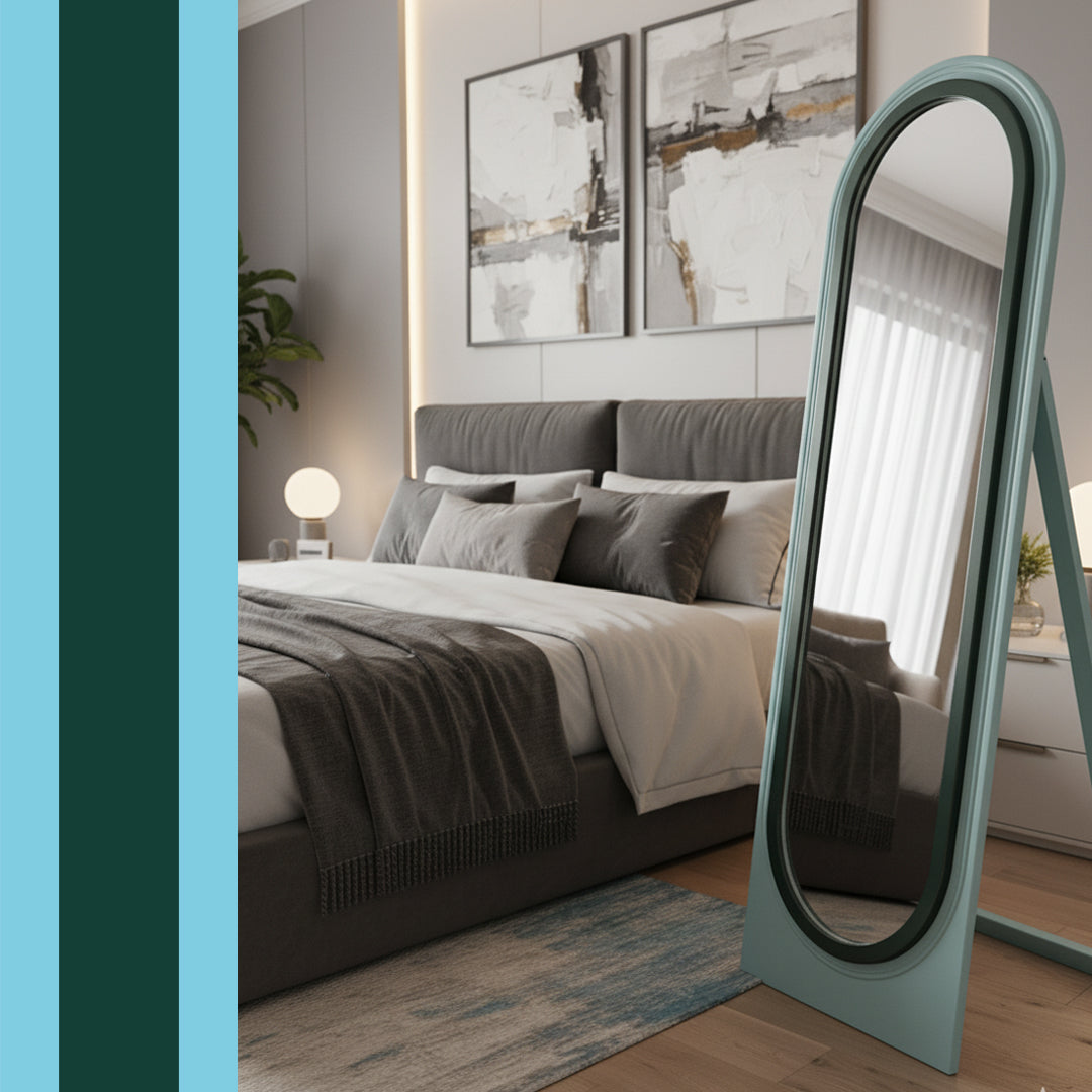 A detailed close-up of the Adoocha modern floor mirror, highlighting its sleek frame and design within a bedroom setting