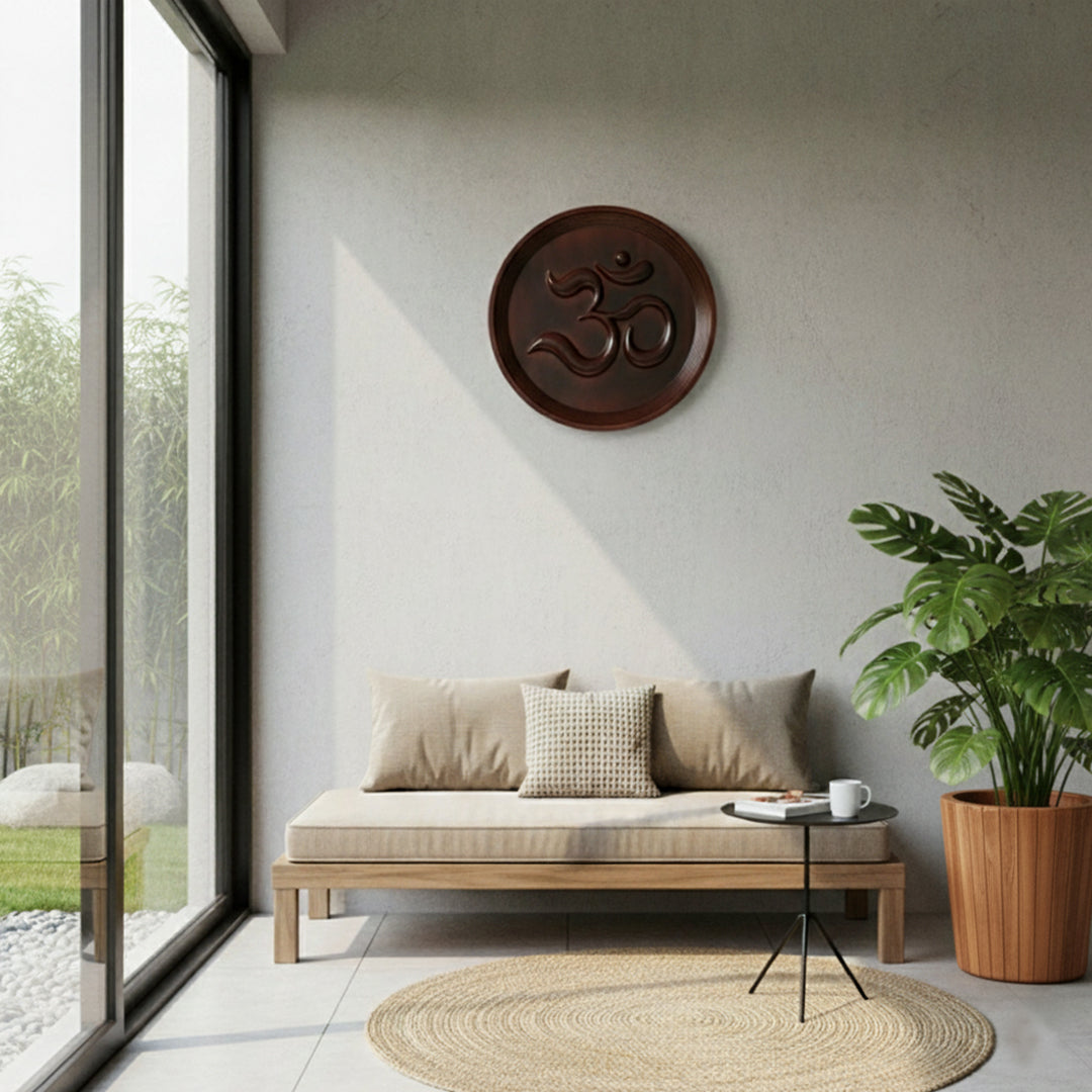 Om ॐ 3D Wall Art Hanging | 33 cm Round | Solid Mahogany Wood | No Joints | Hand-Carved Modern Hindu Home Decor | Brown Mat Finish | Brand: ADOOCH