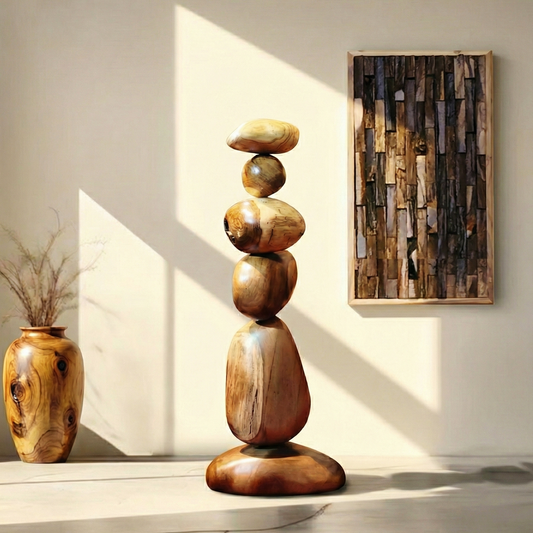 Hand Carved Teak Wood Stacked Stone Sculpture