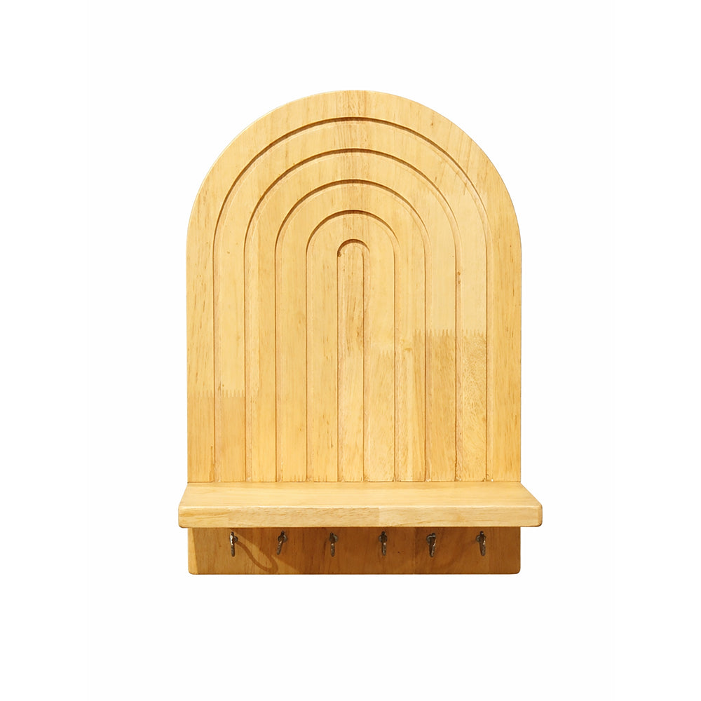 Adooch wooden wall mounted key holder with shelf and 6 metal hooks front view