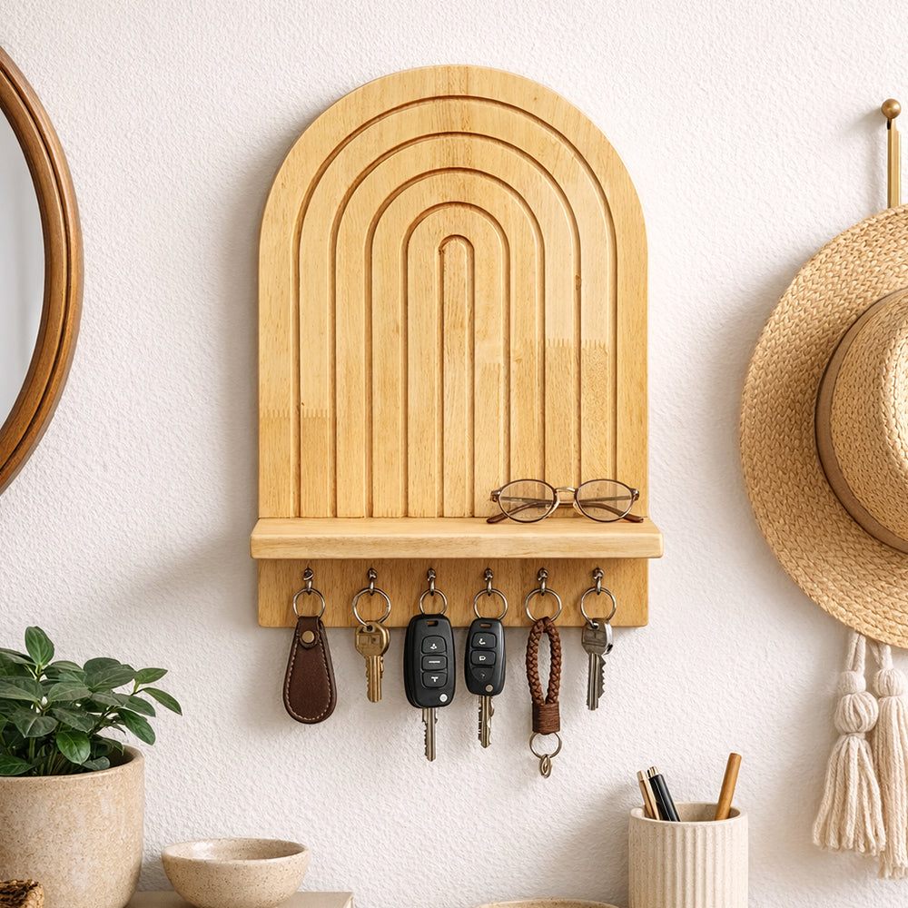 Adooch wooden key holder with shelf mounted on wall holding keys and accessories