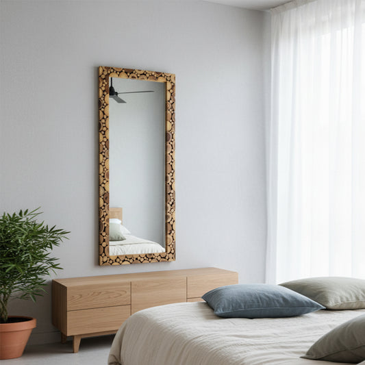 Adooch handcrafted rectangular wall mirror with natural teak wood slice frame hanging in a modern living room