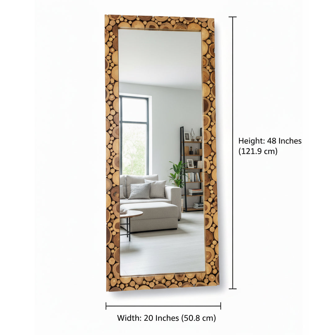 Adooch rustic teak wood full-length mirror leaning against a wall in a minimalist bedroom.