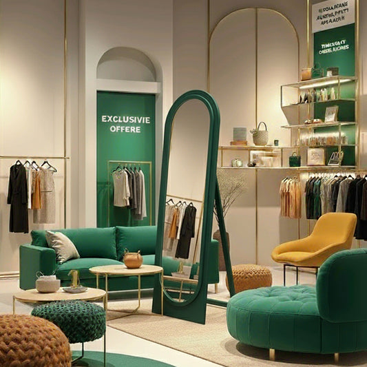 Full-length emerald green standing mirror showcased in a stylish modern boutique interior with green and gold accents.
