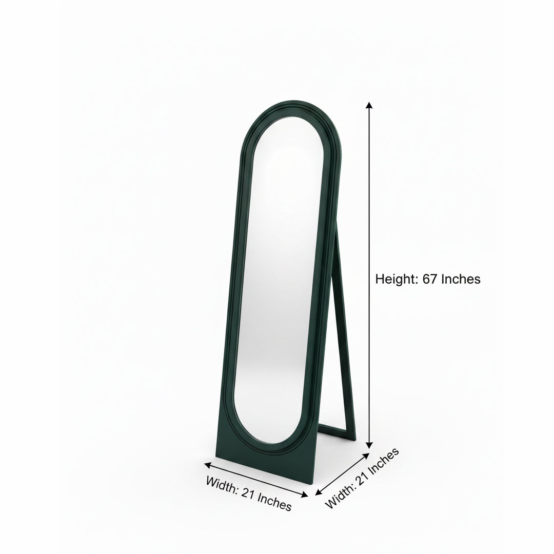 Emerald green full-length standing mirror with overlaid text indicating dimensions: Height 67 Inches, Width 21 Inches