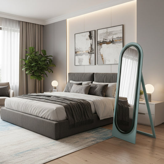 Adoocha's light blue, capsule-shaped full-length standing mirror adding a touch of modern style to a beautifully decorated bedroom