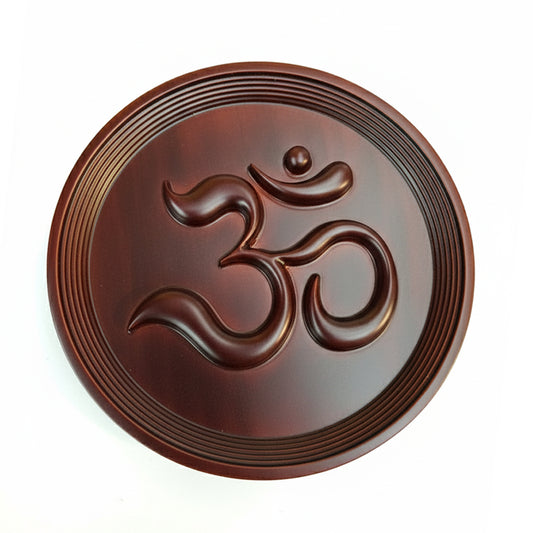 Om ॐ 3D Wall Art Hanging | 33 cm Round | Solid Mahogany Wood | No Joints | Hand-Carved Modern Hindu Home Decor | Brown Mat Finish | Brand: ADOOCH